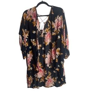 Billiabong Size Small Black Floral Kimono Open Front Cardigan Swimsuit Coverup